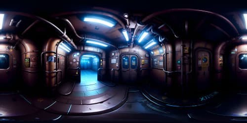 Ultra high-res subway, VR360 masterpiece. Rusty tracks, neon graffiti in Pixar-style, exquisite decay. Worn tiles, light reflections, VR360 depth. Grungy, futuristic ambiance, sweeping subway tunnel view. Top-tier caliber, visual dynamism, detailed artistry.