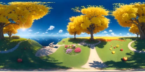 A dark orange tree lying int the yello lake with many apple on it.