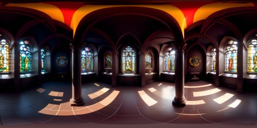 Gothic cathedral, stained glass, Mysteries of the Rosary depictions, intricate stone facade. High-density pixels, ultra high-resolution VR360 view. Renaissance art-style, vibrant color spectrum, chiaroscuro effects. Majestic, immersive VR360, ethereal divine atmosphere.