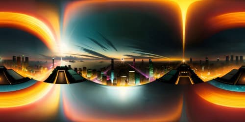 Ultra high-res VR360, masterpiece of midnight city skyline from oceanfront viewpoint, Red light district's surreal, neon-glow beauty. Tranquil water reflections, fantasy-style VR360, luminescent sky aesthetics in vast expanse.