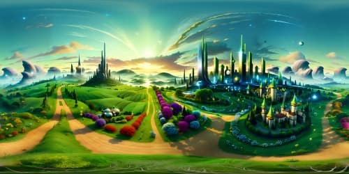 Ultra-high res VR360, masterpiece-style, Emerald City from Wizard of Oz, glistening green spires, iridescent domes against azure skies, winding Yellow Brick Road stretching toward horizon, subtle glow emanating from city, VR360 vastness of surrounding Land of Oz