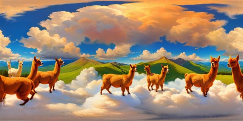 A stunning, flawless depiction of majestic alpacas soaring through a vivid sky, fluffy clouds elegantly shadowing their graceful forms, sunlight gleaming on their wool in a mesmerizing ultra-high-resolution masterpiece.