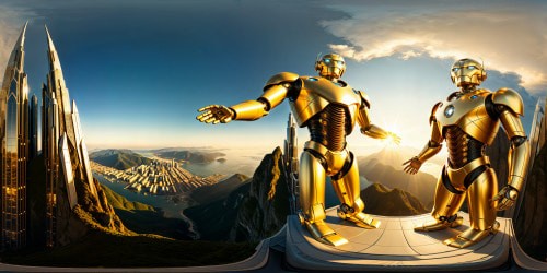 Massive golden robot rising from a grandiose mountaintop, gleaming in the sunlight with intricate details, towering over a futuristic cityscape, stardust reflections, epic celestial backdrop, and colossal energy beams, rendered flawlessly in ultra high resolution, a digital masterpiece.