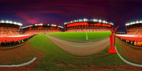 Immaculate Anfield Stadium at twilight, resplendent in vibrant red hues, monumental statues flanking the entrance, flawless pitch under bright floodlights, cheering crowd silhouettes against the evening sky.