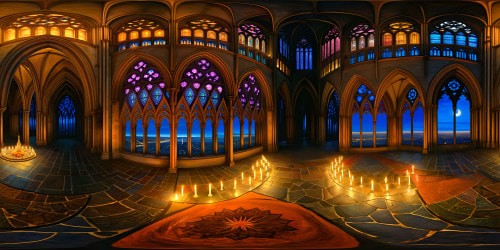 A stunning gothic cathedral, intricate stained glass windows illuminated by flickering candlelight, towering spires reaching up towards a moonlit sky, casting elaborate shadows in ultra high definition, creating a hauntingly beautiful ambiance.