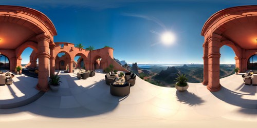 VR360 ultra high-res masterpiece, Hogar-inspired elements in the foreground, neo-expressionist strokes, dazzling colors. Sublime architectural remnants of Hogar heritage, crisp edges against the sky. Expansive VR360 view, dynamic sky, shifting hues for dramatic effect.