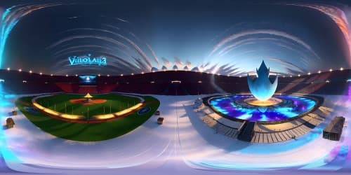 Ultra high-resolution VR360 masterpiece, Toronto Maple Leafs NHL hockey theme, colossal ice rink, vibrant lighting effects reflecting on pristine ice, VR360 view of enormous, iconic Maple leaf logo centered on ice, dynamic skybox with lively clouds, twilight color palette.