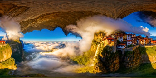 A breathtaking mountain village perched above the clouds, colorful rooftops peeking through fluffy mist, cascading waterfalls off sheer cliffs, golden light bathing the scene like a flawless, ultra-high resolution painting.