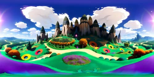 Ultra high-res VR360 vision of disc golf course. Prism-effect sunlight, chroma-saturated fairways, abstractly patterned disc golf baskets. Dreamlike, hyperrealism style, quirky Picasso-esque shapes. Masterpiece-quality VR360 disc golf scene.