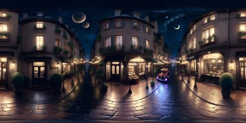 Ultra-high-res VR360 masterpiece, 'Le Parrain' inspiration, 1920s inspired cityscape, smoky noir ambiance, old-style vehicles, cobblestone streets, dim lit, rain-soaked pavements, VR360 view of vast twinkling starry sky, Art Deco architecture.