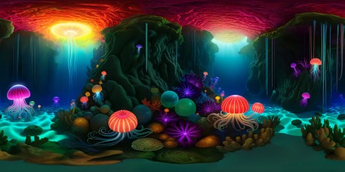 Ultra HD, VR360 deep-sea marvel, coral maze infused with prismatic brilliance. Magnified rainbow spheres, luminescent jellyfish pulses, VR360 masterpiece-like quality. Sunken antiquities peppered throughout sea ravines. Chiaroscuro contrasts, amplified by ultra-high-definition textures, radiating seafloor splendor.