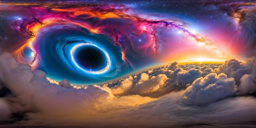 Awe-inspiring galactic panorama showcasing a vibrant nebula swirling in vivid hues, a majestic planet encircled by intricate rings, and a colossal black hole drawing in ethereal light, crafted in ultra-high resolution as a cosmic masterpiece.