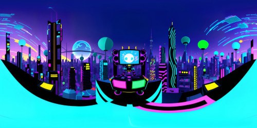 VR360 scene: neo-Tokyo dance club, sprawling skyline, robot cats with cow-like udders, unique mash-up, enhanced Picasso-style rendition. VR360 foreground: Marge Simpson, timeless pop art aesthetic, serving cosmic cocktails. Palette: vivid neons, metallics. Style: a surreal blend of anime, pop-art, and Picasso.