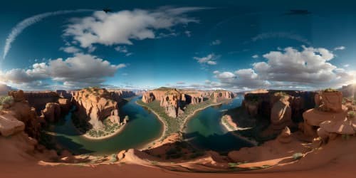 Ultra high-res Arizona masterpiece, VR360 panorama of canyon landscapes, vivid desert flora, expansive sunset skies. Stylized realism, breathtaking detail, soft digital brushstrokes, intense color grading.