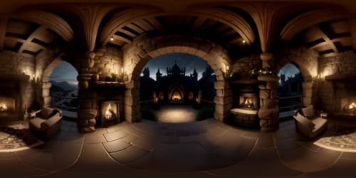 Ultra HD masterpiece, VR360 vision, medieval castle great hall. Expansive, adorned with intricate stone carvings, wooden beams. Massive fireplace, glowing coals, flickering shadows. Small gatherings around, dwarfed by grandeur, not obstructing expansive VR360 view. Pixar-style render, touch of warmth, an atmosphere of solemnity.