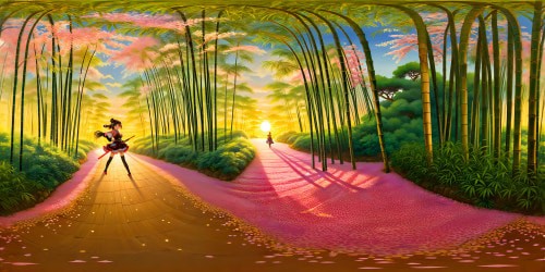 In the heart of a stunning bamboo forest, the striking figure of Hu Tao from Genshin Impact stands amidst ethereal cherry blossom petals, illuminated by the golden hues of a flawless sunset, every intricate detail capturing a moment of unparalleled beauty in ultra-high resolution.