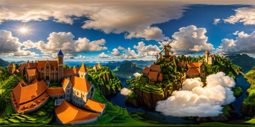 Immaculate digital artwork capturing a meticulously crafted Minecraft village, showcasing a picturesque array of colorful pixelated buildings, bustling NPCs, intricate gardens, towering windmills, and a regal castle set against a radiant, cloud-strewn sky, a flawless pixelated paradise in ultra high resolution.