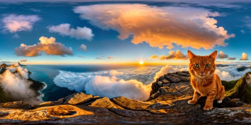 An awe-inspiring panorama of a fantastical world merging seamlessly - a cat-dog hybrid prowling on a cliff overlooking a boundless, shimmering sea under a mesmerizing sky filled with swirling clouds and hues of sunrise, encapsulated flawlessly in ultra-high resolution.