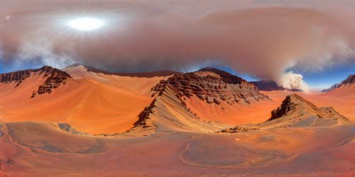 A breathtaking, ultra-high-resolution vista of Mars' immense crimson plains, towering rusty mountains, deep valleys, and swirling dust storms under a flawless, crystal-clear sky.