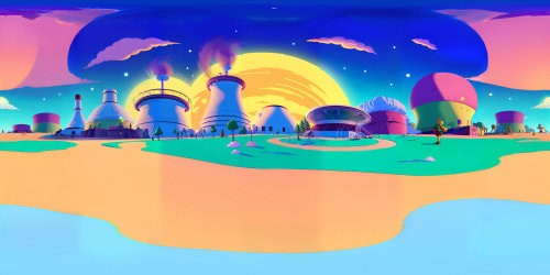 Ultra-high-res Simpsons art style, VR360 vibrant cartoon color scheme, Springfield panoramas, Krusty Burger in mid-ground, VR360 view of Nuclear Power Plant, iconic pink Simpsons clouds, yellow-tone sunset.