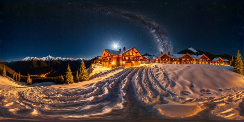 A grand mountain city lodge nestled among snowy peaks under a vast starlit sky, offering a flawless view of the twinkling constellations, illuminated by a perfect full moon, in ultra high resolution.