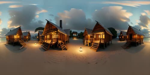 VR360 ultra-high resolution, luminous night scene, Maldives beach resort, glowing beach huts, glassy calm sea, star-studded sky, floating lanterns, breathtaking masterpiece quality, VR360 enigmatic moonlight reflection