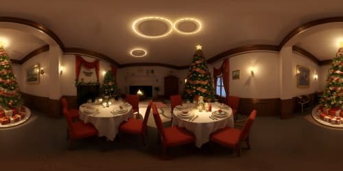 Ultra high-res, detailed British council street, 1980s Christmas, tables set for dinner, families immersed in holiday spirit, VR360 view. Presents under decorated trees, flickering lights adding warmth, realism in every corner of the scene, VR360 masterpiece.