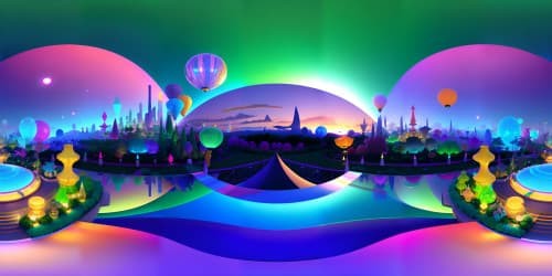 VR360 vision of panda-themed beer garden, pristine quality, vibrant colors, ultra-high resolution. Exquisite Pixar-style detailing, bubbly beer mugs, balanced mix of whimsy, sophistication. Skyline panorama, feature clouds, setting sun. Bamboo forest at the edge, no animals.