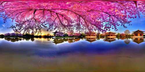 A stunning ultra high-resolution portrayal of a serene oriental garden, enveloped in a mystical purple and blue glow, vibrant cherry blossoms blooming gloriously, a majestic temple's silhouette against the velvety daytime sky—capturing sheer beauty and peace in every meticulous detail—a flawless masterpiece in unparalleled quality.