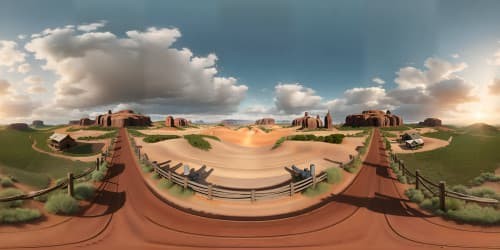 VR360 masterpiece, ultra high res, wild west expanse. Untamed plains, hillside perspective, old western style, distant sunset on the horizon in VR360. Best quality.