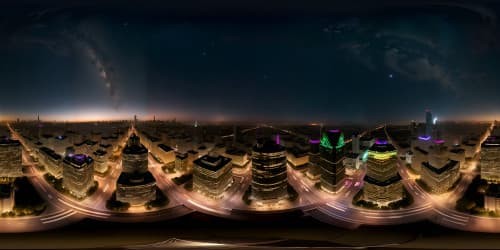 Ultra-high-res night sky, VR360 Madrid skyline, sparkling city lights, star-studded blanket above, fantasy style, nocturnal aesthetic, majestic architecture silhouette, grand, expansive view, artistic masterpiece.