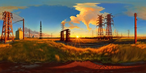 A flawless, ultra high-res depiction of a massive high-voltage substation at golden hour, intricate metallic structures gleaming under the intense glow, crackling with electrifying energy, high contrast textures and detailed rust, a stunning and visually striking masterpiece.