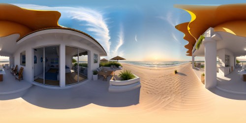 VR360 beach house masterpiece, ultra high-res, watercolor finesse. Graceful beachfront, sand-kissed veranda, wind-swayed seagrass. Sun's farewell brilliance mirrored on tranquil sea. Star-dusted sky in VR360 panorama, celestial moonlight caressing architecture. Ethereal pastel glow, serene tableau.