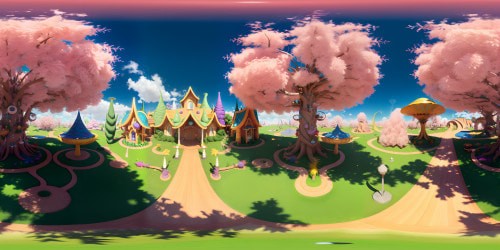 Masterpiece quality, ultra-high-resolution VR360, majestic treehouse center, intricate woodwork twirling upwards, multi-tiered levels. Fantasy art style, whimsical elements, dappled sunlight filtering through leafy canopy. Dreamy, ethereal VR360 backdrop, surreal sunset painterly hues.