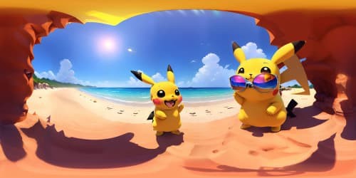 Pikachu wears a sunglasses and lying on a beach bench