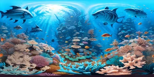 coral reef with many species of fish including a megaladon
