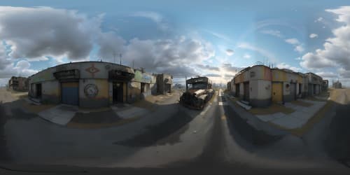 VR360, ultra high-res masterpiece, decaying cityscape, post-apocalyptic devastation, abandoned vehicles, eerie emptiness, sans human presence. VR360, surreal art, weathered textures, somber palette. sky view skyline