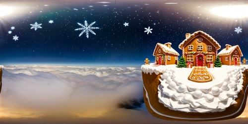 An immaculate snowy Christmas scene, glistening gingerbread houses beneath intricate snowflakes, Santa soaring through a clear starlit sky, piled stockings and sparkling gifts dotting the flawless winter landscape.