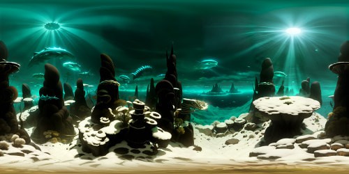 VR360 underwater darkness, high-quality gigantic sea monsters, masterpiece of fear, ultra-high res, VR360 deep-sea aura. Foreboding shadows, monstrous silhouettes, dense aquatic flora, impenetrable dark depths, eerie illumination. Style: Gothic realism art, emphasis on detailed, sinister sea creatures.