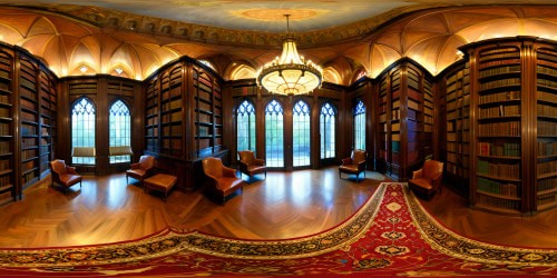 Immersive, jaw-dropping old-fashioned library, with towering mahogany bookshelves, luscious leather armchairs, intricate golden chandeliers casting a warm glow on faded Persian rugs, dust motes dancing in the sunlight filtering through stained glass windows, creating an ambiance of timeless perfection.