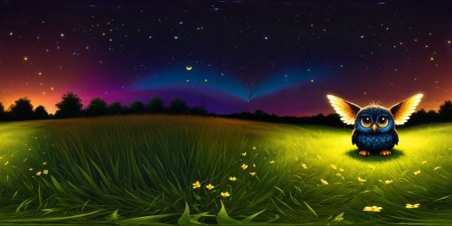 A Furby sitting alone in an open grassy field. Toasters with wings fly overhead under a clear black night sky. A small number of fireflies illuminate the scene.