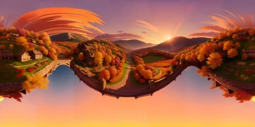 Masterpiece VR360, ultra-high res, hillside panorama unfolding into open flower-strewn meadow. VR360 sweep of autumn leaves swirling, beautiful orange sky sunset gracing the horizon. Vivid hues - red, pink, purple, orange, yellow.