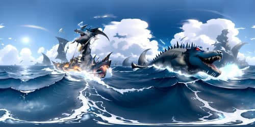 Ultra high-resolution VR360 masterpiece, Godzilla-esque monster, highlighted spikes. Gleaming canine fangs, sea emergence scene. Charging toward intricate, digitally-painted coastal metropolis in VR360 view.