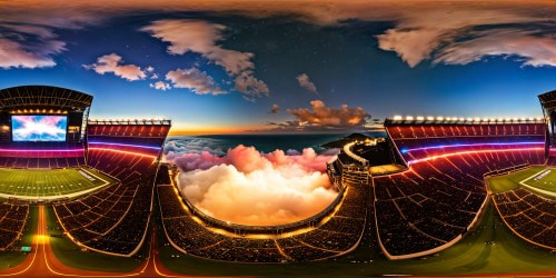 An impeccably detailed, ultra-high-resolution view of a dazzling, technicolor stadium at night during an electrifying concert, with pulsating lights, colossal screens, reverberating music, and a sea of enthusiastic fans under a star-studded sky.