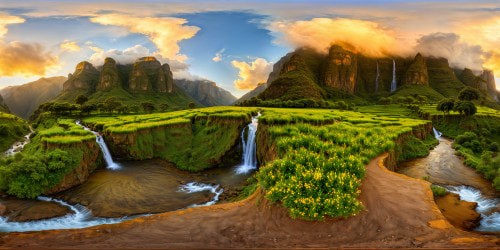 A flawless, high-resolution depiction of the awe-inspiring Ethiopian highlands: verdant valleys etched with immaculate terraces, majestic waterfalls tumbling down towering cliffs under a golden sunrise, vibrant wildflower meadows amid swirling dramatic clouds.