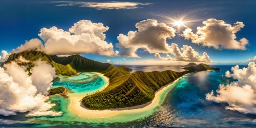 An impeccable tropical paradise with flawless golden shores, crystalline azure waters, lush palms dancing in the breeze, sparkling sunlight creating exquisite reflections on the serene surface, an ultra high-resolution vision showcasing every minute detail.