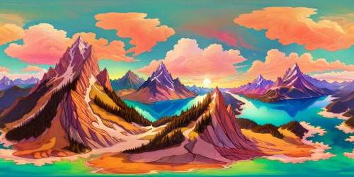 Masterpiece quality ultra-high res VR360 scene hidden lake nestled in enchanted mountains floating wyverns dotting the horizon Radiant sunset colors bleeding into the sky pastel clouds caught in the light VR360 panoramic view wyverns highlighted against the iridescent backdrop Realm of fantasy art the juxtaposition of ethereal mountain peaks tranquil lake majestic wyverns