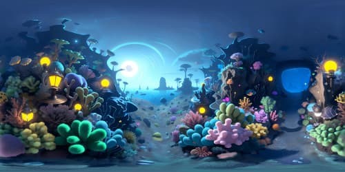 Mesmerizing VR360 SpongeBob-inspired landscape, Ultra HD resolution. Submarine pineapple house, humorous booby traps. Eccentric neighboring rock dwelling, star-shaped indentations. View dominated by whimsically styled undersea vegetation, bubbles glistening. No SpongeBob, Patrick, animals. Pixar-style artistry for extra charm.