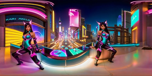 Immersed in a futuristic cyberpunk cityscape, the neon-lit stage of K/DA Akali and K/DA Ahri from League of Legends shines; from sleek chrome accents to holographic effects, each pixel meticulously sculpted to perfection, showcasing a stunning high-resolution masterpiece of virtual brilliance.