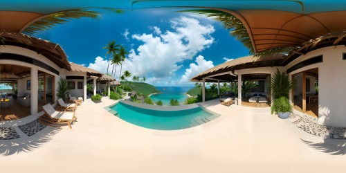 Fijian luxe villa, VR360 pristine, azure sea views, infinity pool edge disappearing into the horizon. Palm fringes, subtle shadows, thatched roofs, ultra-high-resolution texture. Masterpiece quality, vivid colors, Pixar-style richness, exquisite detailing. VR360 view of tropical paradise, surreal sunset hues, tranquil bliss.